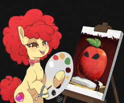 Size: 1200x995 | Tagged: safe, artist:inkypuso, apple bloom, earth pony, pony, g4, adorabloom, afro, alternate hairstyle, apple, bipedal, bob ross, cute, easel, female, food, hoof hold, looking at you, mare, older, older apple bloom, open mouth, open smile, paint palette, paintbrush, painting, ribbon, smiling, smiling at you, solo, tape