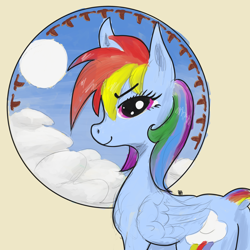 Size: 2000x2000 | Tagged: safe, artist:rapt, rainbow dash, g4, beige background, digital art, looking at you, modern art, nouveau, painting, simple background, sketch, sky, solo