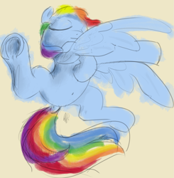 Size: 1179x1204 | Tagged: safe, artist:rapt, rainbow dash, pegasus, pony, g4, beige background, colored sketch, dock, eyes closed, female, mare, rough color, simple background, sketch, solo, tail