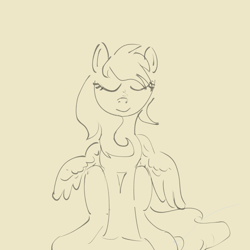 Size: 2000x2000 | Tagged: safe, artist:rapt, rainbow dash, g4, beige background, eyes closed, lineart, simple background, sitting, sketch, solo, wings, wings down