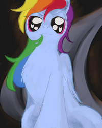 Size: 2000x2500 | Tagged: safe, artist:rapt, rainbow dash, pegasus, pony, g4, abstract background, chest fluff, female, hair in mouth, heart, heart eyes, looking at you, mare, offscreen character, pov, sitting, solo, wingding eyes