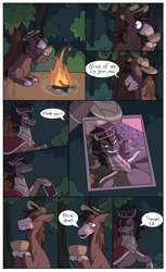 Size: 1714x2798 | Tagged: safe, artist:bkiltersot, king sombra, trouble shoes, fanfic:catch us if you can, g4, bowl, campfire, comic, crown, dialogue, duo, duo male, fanfic, fanfic art, fire, food, forest, forest background, gay, gulp, hat, jewelry, male, nature, onomatopoeia, regalia, selfie, shipping, soup, speech bubble, stallion, text, tree