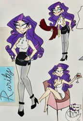 Size: 2255x3280 | Tagged: safe, artist:citi, opalescence, rarity, human, g4, alcohol, chair, clothes, duo, glass, high heels, humanized, negligee, pantyhose, pencil skirt, shoes, skirt, traditional art, wine, wine glass