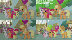 Size: 2000x1125 | Tagged: safe, edit, edited screencap, editor:quoterific, screencap, apple bloom, applejack, scootaloo, sweetie belle, earth pony, pegasus, pony, unicorn, g4, one bad apple, season 3, balloon, bipedal, cutie mark crusaders, female, filly, foal, horn, mare, ponyville, regret