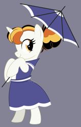 Size: 2094x3300 | Tagged: safe, artist:feather_bloom, oc, oc only, oc:candy corn, pony, unicorn, clothes, commission, cute, dress, gray background, horn, poofy mane, side view, simple background, solo, umbrella