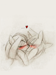 Size: 600x804 | Tagged: oc name needed, safe, artist:foxinshadow, oc, oc only, oc:coffee bean, unicorn, blushing, duo, duo female, eyes closed, female, heart, horn, kissing, lesbian, sketch, unicorn oc