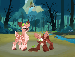 Size: 8000x6000 | Tagged: safe, artist:crazysketch101, oc, oc only, oc:brin, oc:dixie, deer, chest fluff, deer oc, duo, forest, forest background, nature, non-pony oc, river, sapling, stream, tree, water