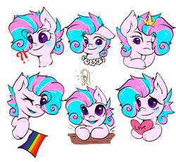 Size: 3177x2939 | Tagged: safe, artist:kristina, oc, oc only, oc:sweetie swirl, bat pony, pony, blushing, commission, cute, emoji, emotions, exclamation point, floral necklace, flower, frown, hair over one eye, happy, heart, interrobang, lightbulb, one eye closed, pride, pride flag, question mark, simple background, smiling, solo, sticker, transparent background, wink, ych result