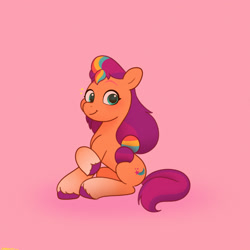 Size: 2480x2480 | Tagged: safe, artist:starburstuwu, sunny starscout, earth pony, pony, g5, blushing, cute, female, floating heart, heart, high res, looking at you, mane stripe sunny, mare, pink background, simple background, sitting, smiling, smiling at you, solo, sunnybetes