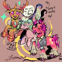 Size: 1080x1073 | Tagged: safe, artist:justvoidsdumbstuff1, cozy glow, sunburst, thorax, changedling, changeling, pegasus, pony, unicorn, g4, :3, a better ending for cozy, abstract background, alternate clothes, alternate design, antlers, babysitting, beard, blaze (coat marking), blue mane, bluey, blush scribble, blush sticker, blushing, bow, clothes, coat markings, colored hooves, colored horns, cozy glow is not amused, cozy glow's bow, curly mane, curly tail, dialogue, ears back, facial hair, facial markings, female, filly, floppy ears, flying, foal, freckles, frown, gay, glasses, grass, green body, hair bow, heart, heart eyes, hooves, horn, horn ring, horns, jewelry, looking at someone, male, married couple, multicolored eyes, multicolored sclera, narrowed eyes, necktie, no catchlights, open mouth, open smile, orange coat, outdoors, profile, purple hooves, purple mane, purple tail, raised hoof, raised leg, ring, shiny hooves, ship:thoraxburst, shipping, short mane, short tail, signature, smiling, smiling at someone, socks (coat markings), sparkles, speech bubble, spread wings, stallion, standing, standing on two hooves, sunglasses, sweater vest, swirly background, tail, talking, text, trio, unamused, unshorn fetlocks, wall of tags, wedding ring, wingding eyes, wings