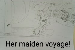 Size: 3235x2132 | Tagged: safe, artist:wren, oc, oc only, blank flank, boat, forest, index card, jungle, mushroom, nature, ocean, peeking, sailing, sketch, stare, traditional art, tree, water