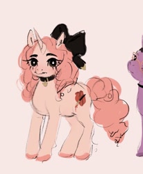 Size: 791x960 | Tagged: safe, artist:swollenbabyfat, oc, oc only, oc:love drawn, pony, unicorn, big bow, black bow, bow, choker, colored hooves, colored sketch, curly mane, curly tail, duo, eyelashes, female, hair bow, heart choker, hooves, horn, long mane, long tail, mare, pink background, pink coat, pink hooves, purple coat, simple background, sketch, solo focus, standing, tail, unicorn oc, wavy mouth