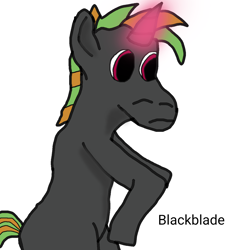 Size: 1280x1280 | Tagged: safe, artist:blackblade360, oc, oc only, oc:ashes rust, pony, unicorn, 1000 hours in ms paint, anatomically incorrect, black coat, digital art, glowing, glowing horn, horn, ibispaint x, magenta eyes, male, missing cutie mark, rearing, shading, signature, simple background, solo, stallion, stallion oc, tail, two toned mane, two toned tail, unicorn oc, white background