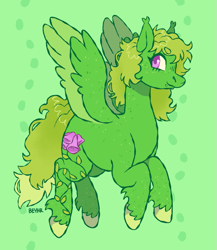 Size: 759x876 | Tagged: safe, artist:beyhr, oc, oc only, oc:foxglove, pegasus, pony, artfight, body freckles, cascading cutie mark, coat markings, colored eyelashes, colored hooves, colored wings, colored wingtips, curly mane, curly tail, ear tufts, eyelashes, facial piercing, flying, freckles, gift art, green coat, green eyelashes, green mane, green tail, green wingtips, hooves, leg fluff, leg freckles, lip piercing, long mane, long tail, looking back, patterned background, pegasus oc, piercing, pink eyes, ponysona, raised hooves, shiny mane, shiny tail, signature, smiling, snake bites, solo, speckled, spread wings, tail, two toned background, two toned tail, two toned wings, unshorn fetlocks, wall of tags, wing freckles, wings, yellow hooves