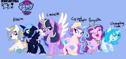 Size: 1215x579 | Tagged: safe, artist:izzysingz, princess celestia, princess flurry heart, princess luna, queen chrysalis, starlight glimmer, twilight sparkle, alicorn, changedling, changeling, pony, g4, alicornified, blue background, older, older flurry heart, older twilight, older twilight sparkle (alicorn), purified chrysalis, race swap, simple background, starlicorn, twilight sparkle (alicorn), ultimate twilight, xk-class end-of-the-world scenario