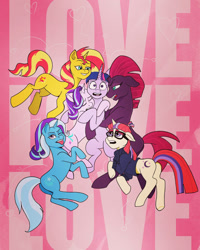 Size: 827x1035 | Tagged: safe, artist:elmafaka, fizzlepop berrytwist, moondancer, sunset shimmer, tempest shadow, trixie, twilight sparkle, alicorn, pony, unicorn, fanfic:twilight sparkle has a type, g4, broken horn, female, floppy ears, harem, herd, horn, lesbian, magical sextet, mare, polyamory, reformed unicorn meeting, reformed villain, ship:sunsetsparkle, ship:tempestlight, ship:twidancer, ship:twixie, shipping, twilight sparkle (alicorn), twilight sparkle gets all the mares, twilight's harem