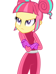 Size: 1440x1880 | Tagged: safe, artist:skyfallfrost, sour sweet, human, equestria girls, g4, angry, bodysuit, catsuit, clothes, crossed arms, latex, latex suit, simple background, solo, sour sweet is not amused, totally spies, unamused, white background