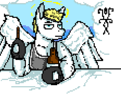 Size: 696x542 | Tagged: safe, artist:damset, oc, oc only, pegasus, pony, alcohol, beer, billy herrington, cigar, clothes, cloud, digital art, gachimuchi, gift art, gloves, halo, happy birthday, heaven, leather, leather gloves, ms paint, pixel art, ponified