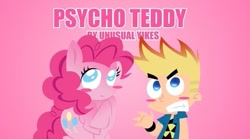 Size: 479x267 | Tagged: safe, artist:unusualyikes, pinkie pie, earth pony, human, pony, g4, blush sticker, blushing, child, crossover, cute, diapinkes, duo, duo male and female, female, grimdark source, grotesque source, human male, johnny test, johnny test (character), lowres, male, mare, needs more jpeg, psycho teddy, text, things are not like what they seem, this will end in death, this will end in pain, youtube thumbnail