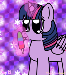 Size: 1651x1879 | Tagged: safe, artist:sugarbunnydanna, twilight sparkle, alicorn, pony, g4, abstract background, digital art, female, food, ibispaint x, ice cream, ice pop, licking, popsicle, solo, tongue out, twilight sparkle (alicorn), watermark