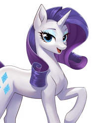 Size: 1870x2519 | Tagged: safe, artist:sierraex, rarity, pony, unicorn, g4, female, high res, horn, mare, open mouth, open smile, raised hoof, simple background, smiling, solo, white background