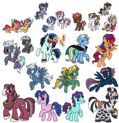 Size: 1383x1430 | Tagged: safe, artist:whitefangkakashi300, oc, oc only, oc:anonsi, oc:arpeggio, oc:castaway, oc:confetti popper, oc:cosmic chaser, oc:fire storm, oc:florentine, oc:genoise, oc:hocus pocus, oc:joy stick, oc:kaboom, oc:lucky shoes, oc:melody key, oc:merryweather, oc:misfit muffin, oc:morning glory, oc:pinata, oc:ricochet, oc:techno remix, oc:time warp, oc:winky doo, earth pony, pegasus, pony, unicorn, zebra, g4, bow, cape, clothes, coat markings, colt, female, filly, flying, foal, freckles, frown, glasses, glowing, glowing horn, glowstick, grin, hair bow, horn, horse collar, levitation, lidded eyes, magic, male, mare, next generation, offspring, open mouth, open smile, parent:apple bloom, parent:babs seed, parent:big shot, parent:button mash, parent:cheerilee, parent:cloudchaser, parent:dinky hooves, parent:double diamond, parent:flash sentry, parent:lightning dust, parent:moon dancer, parent:neon lights, parent:night glider, parent:party favor, parent:pipsqueak, parent:prince blueblood, parent:rumble, parent:scootaloo, parent:shady daze, parent:star hunter, parent:sugar belle, parent:sunset shimmer, parent:sweetie belle, parent:tender taps, parent:thunderlane, parent:trixie, parent:trouble shoes, parent:vinyl scratch, parent:zecora, parents:bluetrix, parents:buttonseed, parents:dinkysqueak, parents:flashimmer, parents:lightningshot, parents:moonhunter, parents:nightdiamond, parents:partybelle, parents:rumbloo, parents:shadybelle, parents:tenderbloom, parents:thunderchaser, parents:troublee, parents:vinylights, pinto, rearing, scarf, shutter shades, siblings, simple background, sisters, smiling, spread wings, stallion, sunglasses, telekinesis, tongue out, unshorn fetlocks, white background, wings, zebra oc