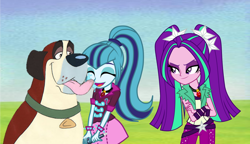 Size: 1024x588 | Tagged: artist needed, safe, aria blaze, sonata dusk, dog, human, equestria girls, g4, beethoven (dog), female, licking, licking lips, male, st. bernard, the dazzlings, tongue out