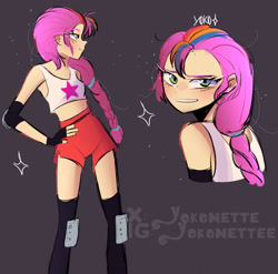 Size: 1539x1520 | Tagged: safe, artist:yokonette, sunny starscout, human, g5, bare shoulders, belly, braid, braided ponytail, colored, colored sketch, elbow pads, female, fit, human female, humanized, knee pads, long hair, looking at you, mane stripe sunny, midriff, ponytail, scrunchie, shading, simple background, sketch, slender, solo, thin