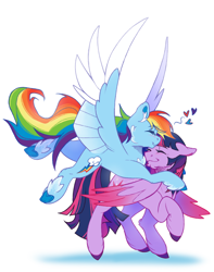 Size: 1080x1370 | Tagged: safe, artist:cerulean-crow, rainbow dash, twilight sparkle, alicorn, pegasus, pony, g4, alternate design, colored wings, colored wingtips, duo, duo female, eyes closed, female, floating heart, floppy ears, flying, heart, hoof fluff, hug, lesbian, mare, ship:twidash, shipping, simple background, smiling, spread wings, twilight sparkle (alicorn), underhoof, white background, wings