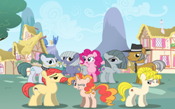 Size: 900x563 | Tagged: safe, igneous rock pie, limestone pie, marble pie, pinkie pie, oc, oc:pizza pie, earth pony, pony, unicorn, fanfic:full friendship's magic, g4, family, horn, pie family