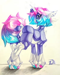 Size: 823x1024 | Tagged: safe, artist:tlen borowski, oc, oc only, oc:astral blues, pony, unicorn, blue eyes, butt, clothes, ear fluff, gradient mane, hoof fluff, hooves, horn, looking at you, looking back, muscles, solo, tail, traditional art