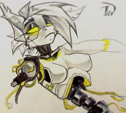 Size: 2048x1834 | Tagged: safe, artist:tlen borowski, oc, oc only, oc:b-2, pony, robot, anthro, amputee, breasts, clothes, ear fluff, sketch, solo, synth, tail, traditional art, yellow eyes