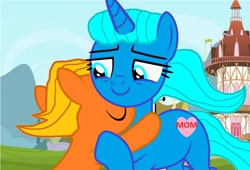 Size: 1006x684 | Tagged: safe, artist:memeartboi, earth pony, pony, unicorn, g4, affection, bonding, colt, cuddling, cute, darwin watterson, duo, duo male and female, female, foal, happy, heart, heartwarming, horn, hug, hugging a pony, little boy, male, mare, mother, mother and child, mother and son, motherly, motherly love, nicole watterson, ponified, ponyville town hall, screencap background, smiling, the amazing world of gumball, unicorn horn, wholesome