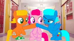 Size: 4160x2288 | Tagged: safe, artist:memeartboi, earth pony, pegasus, pony, g4, anais watterson, brother and sister, brothers, clothes, colt, confused, cool, cute, darwin watterson, family, female, filly, foal, gumball watterson, hallway, high five, male, pegasus wings, ponified, school, school hall, shhh, siblings, sitting, socks, the amazing world of gumball, trio, wings