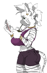 Size: 524x812 | Tagged: safe, artist:gromdrawing, zecora, zebra, anthro, g4, belly, belly button, breasts, busty zecora, cellphone, clothes, drink, drinking, ear piercing, earring, female, jewelry, mare, midriff, phone, piercing, simple background, skirt, smartphone, solo, sports bra, white background