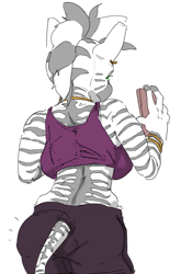 Size: 560x849 | Tagged: safe, artist:gromdrawing, zecora, zebra, anthro, g4, ass, breasts, busty zecora, butt, cellphone, clothes, female, mare, phone, rear view, rearboob, shorts, simple background, smartphone, solo, sports bra, tail, tail hole, white background, zecorass