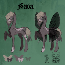 Size: 2048x2048 | Tagged: safe, artist:death.alicorn, oc, oc only, oc:nava, breezie, earth pony, hybrid, insect, moth, pony, concave belly, dark, green background, skinny, solo, thin