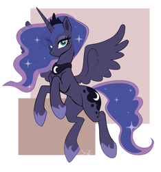 Size: 2037x2180 | Tagged: safe, artist:sunbusting, princess luna, alicorn, pony, g4, abstract background, crown, eye clipping through hair, female, flying, frown, high res, hoof shoes, jewelry, lidded eyes, looking at you, mare, passepartout, peytral, regalia, signature, solo, spread wings, thighs, thunder thighs, wings