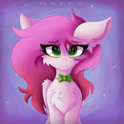 Size: 3500x3500 | Tagged: safe, artist:gaffy, oc, oc only, oc:ellie berryheart, flaffy, pegasus, pony, g4, abstract background, black eyeshadow, bowtie, eyeshadow, female, green eyes, looking at you, makeup, pokémon, solo, wings