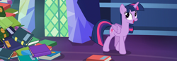 Size: 3120x1080 | Tagged: safe, composite screencap, edit, edited screencap, screencap, twilight sparkle, alicorn, pony, a health of information, g4, book, library, pile of books, solo, twilight sparkle (alicorn), twilight's castle