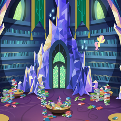 Size: 1920x1916 | Tagged: safe, composite screencap, edit, edited screencap, screencap, fluttershy, twilight sparkle, alicorn, pegasus, pony, a health of information, g4, season 7, book, duo, duo female, female, library, panorama, pile of books, twilight sparkle (alicorn), twilight's castle