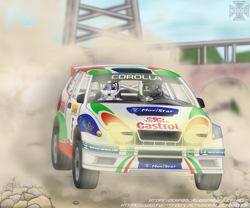 Size: 1443x1200 | Tagged: safe, artist:kreuz, oc, oc only, oc:stirren, oc:weel'kha, kirin, kobold, pony, car, dust, female, furry, furry oc, kirin oc, motorsport, race, racecar, rally, toyota, vehicle, world rally championship, wrc