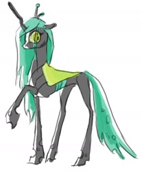 Size: 1449x1752 | Tagged: safe, artist:mayugraffiti, queen chrysalis, changeling, changeling queen, pony, g4, caught, colored sketch, concave belly, crown, female, horn, jewelry, long horn, looking back, mare, raised hoof, regalia, simple background, sketch, skinny, solo, standing, thin, white background