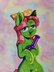 Size: 3000x4000 | Tagged: safe, artist:valemjj, tree hugger, earth pony, pony, semi-anthro, g4, bipedal, bong, drugs, female, mare, solo, traditional art