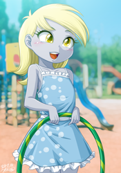 Size: 1362x1944 | Tagged: safe, artist:uotapo, derpy hooves, human, equestria girls, g4, blush lines, blushing, clothes, cute, derpabetes, dress, female, happy, loop-de-hoop, open mouth, open smile, playground, polka dots, slide, smiling, solo, uotapo is trying to murder us, weapons-grade cute, younger