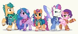 Size: 2560x1129 | Tagged: safe, artist:frankly_hopeless, hitch trailblazer, izzy moonbow, pipp petals, sparky sparkeroni, sunny starscout, zipp storm, dragon, earth pony, pegasus, pony, unicorn, g4, g5, alternate design, alternate hairstyle, bag, bandana, blaze (coat marking), bracelet, clothes, coat markings, colored hooves, colored wings, crown, cuffs, ear piercing, earring, facial markings, female, floppy ears, folded wings, friendship bracelet, g5 to g4, gauntlet, generation leap, group, hitch is tall, hoodie, hooves, horn, horn jewelry, jacket, jewelry, leonine tail, lidded eyes, male, mane five, mane stripe sunny, mare, multicolored wings, open mouth, open smile, piercing, pipp is short, police uniform, raised hoof, regalia, royal sisters (g5), saddle bag, siblings, simple background, sisters, smiling, socks (coat markings), spread wings, stallion, tail, white background, wings, zipp is tall