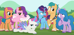 Size: 1080x521 | Tagged: safe, artist:frankly_hopeless, hitch trailblazer, izzy moonbow, misty brightdawn, pipp petals, sunny starscout, zipp storm, earth pony, pegasus, pony, unicorn, g4, g5, bag, blaze (coat marking), bracelet, coat markings, colored wings, crown, facial markings, female, friendship bracelet, g5 to g4, generation leap, gradient mane, hoof on chest, horn, jewelry, lidded eyes, male, mane five, mane six (g5), multicolored wings, necklace, open mouth, open smile, rebirth misty, regalia, saddle bag, smiling, socks (coat markings), wings