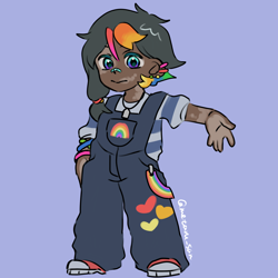 Size: 4096x4096 | Tagged: safe, artist:metaruscarlet, oc, oc only, oc:pride heart, human, bandaid, bandaid on nose, blue background, bracelet, clothes, cutie mark on clothes, ear piercing, humanized, jewelry, necklace, overalls, piercing, rainbow, redesign, shoes, simple background, solo, vitiligo