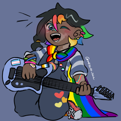 Size: 4096x4096 | Tagged: safe, artist:metaruscarlet, oc, oc only, oc:pride heart, human, aroace pride flag, bandaid, bandaid on nose, blue background, blushing, body art, bracelet, button, clothes, converse, cutie mark on clothes, ear piercing, electric guitar, female, gay pride, guitar, humanized, jewelry, lesbian, lesbian pride flag, mantle, mlm pride flag, musical instrument, necklace, nonbinary, nonbinary pride flag, one eye closed, open mouth, overalls, pansexual, piercing, playing instrument, pride, pride flag, rainbow, rainbow flag, shoes, simple background, solo, teeth, transgender pride flag, vitiligo, wink