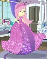 Size: 681x847 | Tagged: safe, screencap, fluttershy, human, costume conundrum, costume conundrum: rarity, equestria girls, g4, my little pony equestria girls: choose your own ending, beautiful, bed, bedroom, clothes, cropped, door, dress, eyes closed, flutterbeautiful, gown, jewelry, princess fluttershy, rug, sewing machine, skinny, solo, thin, tiara, twirl, window